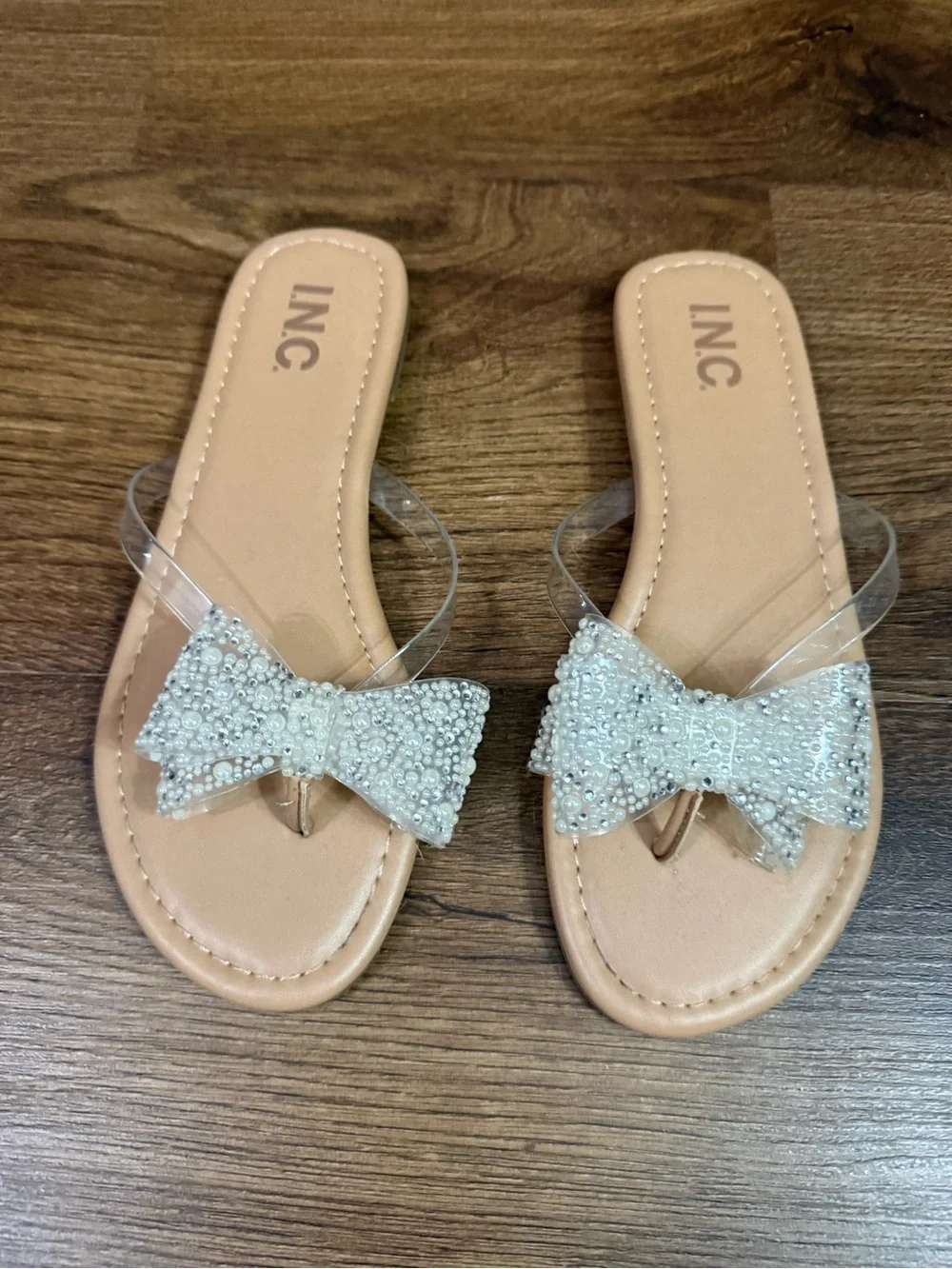 INC International Concepts Clear-Strap Sandals with Pearl Bow Size 6